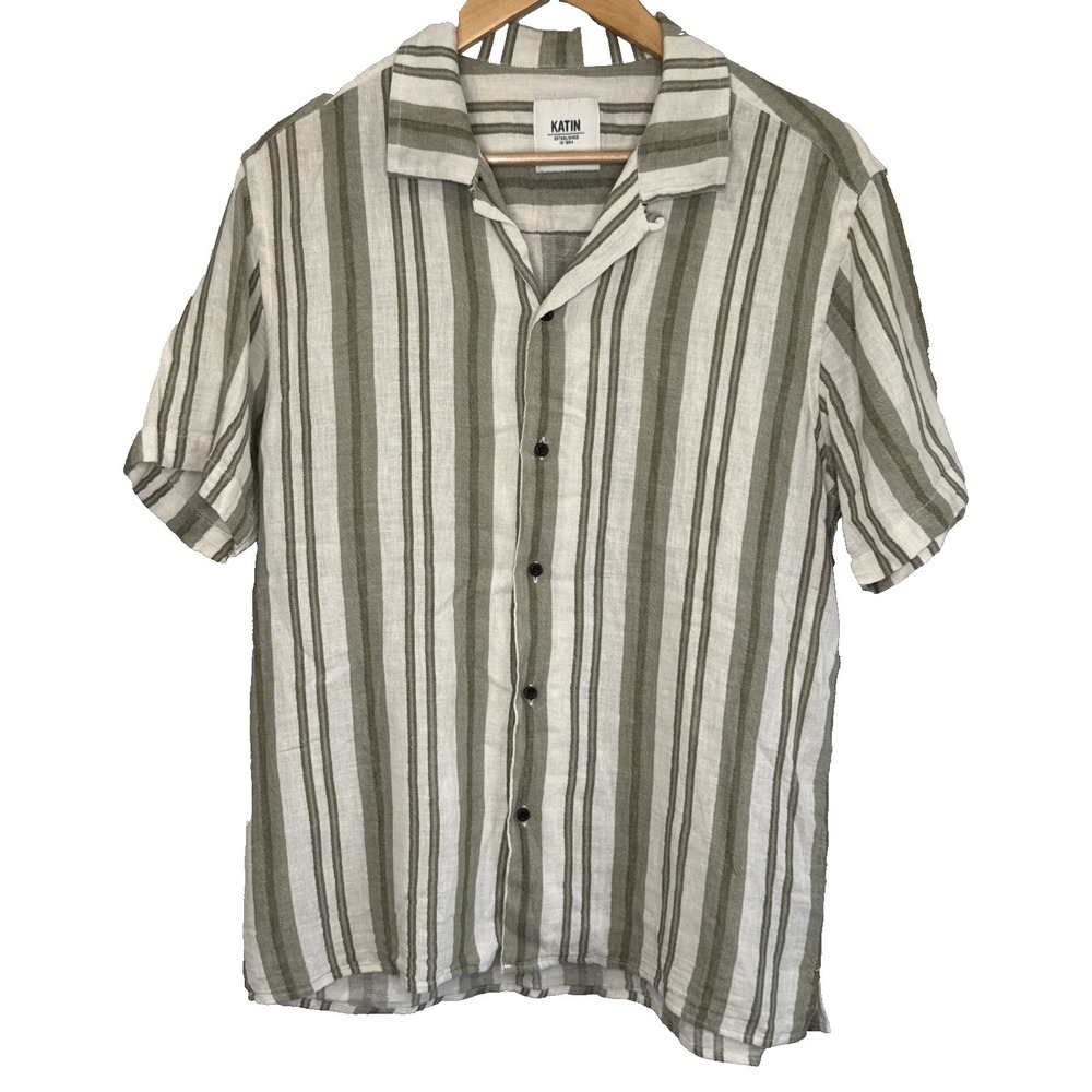Katin Men's Moss Green Striped The Cedar Casual Button Down Linen Shirt Size M‎
